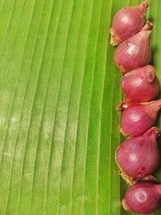 onions on a green banana leaves background