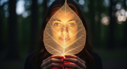 Woman holding glowing skeleton leaf revealing face in dark forest image