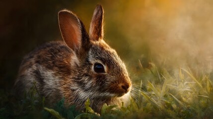 Fototapeta premium Young wild rabbit captured in detailed close up during golden hour with warm sunlight filtering through grass