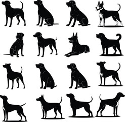 Collection of diverse dog breed silhouettes in various poses on white background