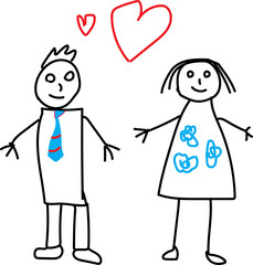 Happy father and mother couple smiling together illustration, hearts, and child drawings