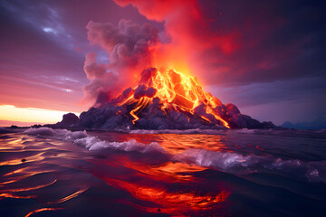 Naklejka premium Lava flows from an erupting volcano under a dramatic sunset sky on a remote island landscape