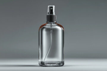 A clear glass spray bottle with a blank label place