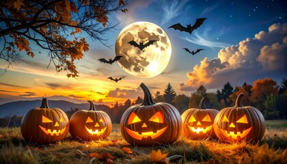 "Spooky Halloween night scene with five glowing jack-o'-lanterns, full moon in cloudy sky, flying bats, and silhouetted leafless trees in eerie outdoor setting."