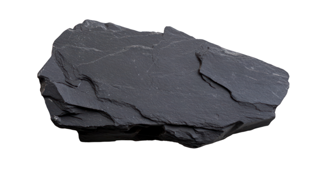 Single piece of dark gray slate rock on transparent background raw mineral specimen stone texture geology