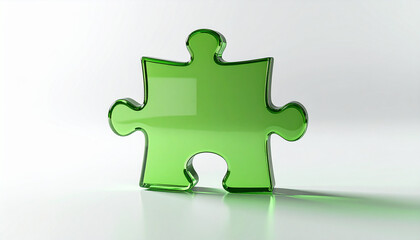 Obraz premium Single translucent green puzzle piece isolated on pure white backdrop.