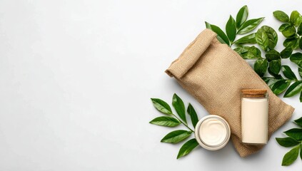 Natural skincare products arranged on a light gray surface, surrounded by fresh green leaves and a burlap sack, emphasizing eco-friendly packaging and a minimalist aesthetic.
