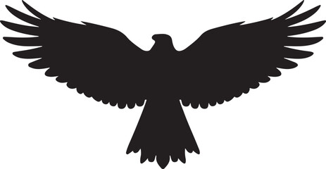 Silhouette of a bird of prey with outstretched wings and fanned tail feathers on a white background