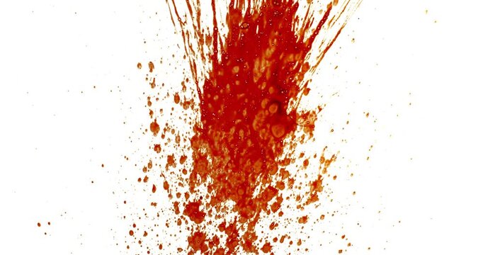 Blood Splash in Super Slow Motion. Isolated on White Background. High-Speed Cinematic Shot of Blood Droplets Forming Abstract Stain.