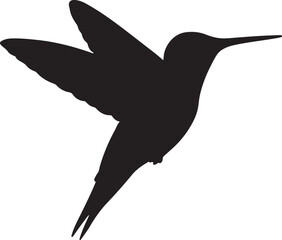 Silhouette of a hummingbird in flight with wings spread on a white background flying