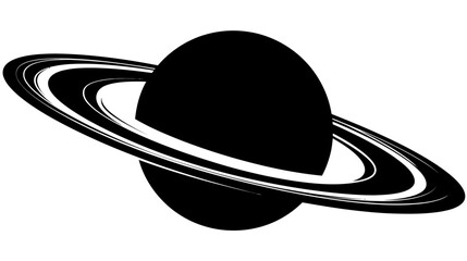 A graphic of a black, ringed planet on a white background, with a curved, layered ring system