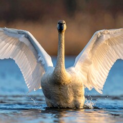 Majestic white swan with outstretched wings in a serene lake