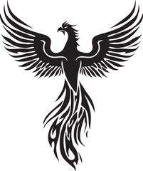 Stylized black phoenix bird silhouette with outstretched wings and flowing tail feathers on a white background