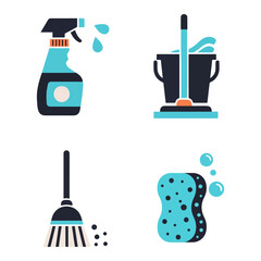Cleaning supplies: spray bottle, mop and bucket, broom, and sponge.