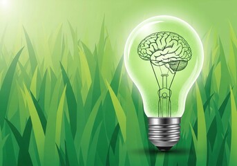Green energy ideas brain power light bulb innovation concept