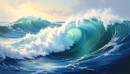 Painting of crashing waves with foam under a serene, cloudy sky