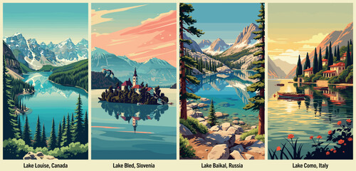 World Lake Poster Set Featuring Louise, Bled, Baikal, and Como Landscapes
