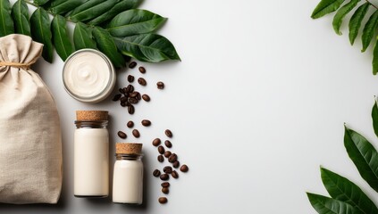 Flat lay of natural skin care products with green leaves and coffee beans, showcasing a serene and eco-friendly aesthetic.