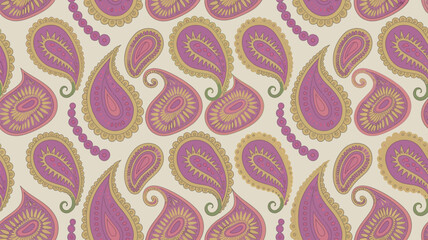 Fototapeta premium Repeated paisley pattern in shades of purple and gold on an off white background with beaded strands