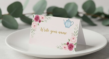 Elegant floral place card with handwritten name on a white plate