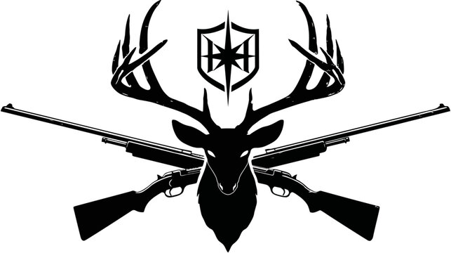 Stark black/white drawing deer head, rifles crossed, shield w/ star-like symbol above