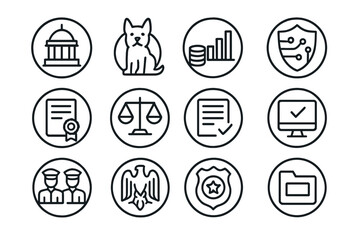 Regulatory Icons Collection. Line style round icons of regulatory bodies: government seal, watchdog icon, financial regulator,