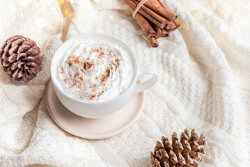 Seasonal winter or Christmas concept with coffee (Eggnog Latte)
