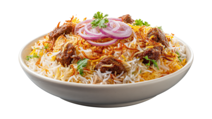 Beef Biryani with Onion and Cilantro isolated on a transparent background