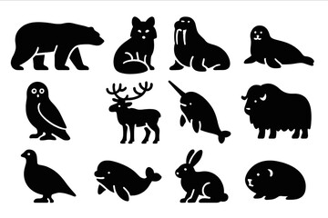 Polar Wildlife Icons. Solid style icons of Polar wildlife: polar bear, arctic fox, walrus, seal, snowy owl, caribou, narwhal, musk
