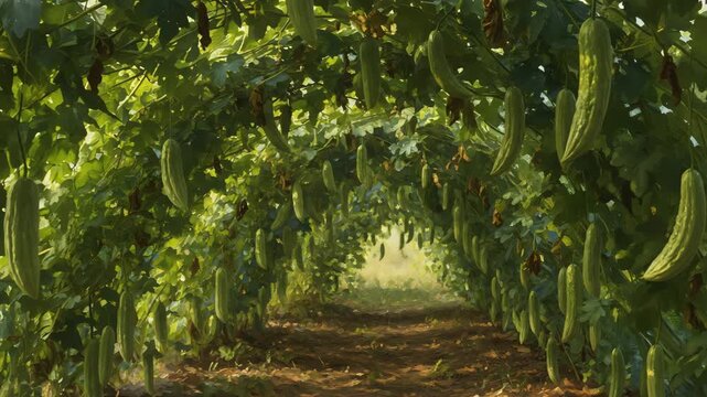 Lush green bitter gourd vine tunnel pathway with hanging vegetables and dappled sunlight karela