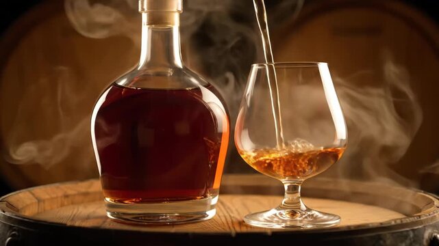 Cognac pouring into a snifter glass from a bottle on a barrel with smoke for a drink concept footage