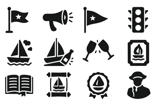 Yacht Club Icons. Solid style icons of Yacht club traditions and signals: flag raising, horn signal, club burgee, signal lights,
