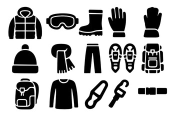 Outdoor Snow Gear. Solid style icons of Outdoor Snow Gear: insulated coat, snow goggles, thermal boots, waterproof gloves, snow