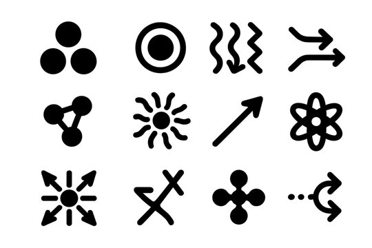 Subatomic Particles Icons. Solid style icons of Subatomic Particles: quark trio, electron dot, neutrino stream, boson symbol,