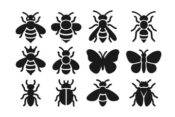 Insect Icon Collection. Solid style icons of Bees and Insects: honeybee, bumblebee, wasp, hornet, queen bee, drone bee, butterfly,