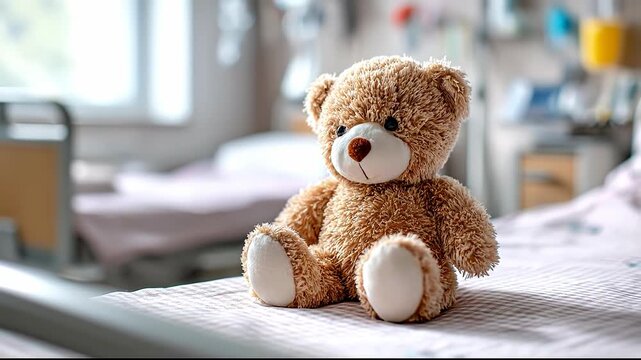Urso de pel&uacute;cia fofo em cl&iacute;nica pedi&aacute;trica, s&iacute;mbolo de cuidado e conforto infantil.
