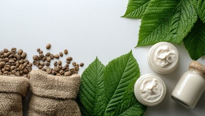 Cream jars, coffee beans, and lush green leaves arranged on a white surface, creating a serene and natural aesthetic.
