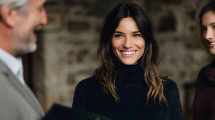 A smiling woman engages in a discussion with others in a warm rustic interior setting suggesting a consultation