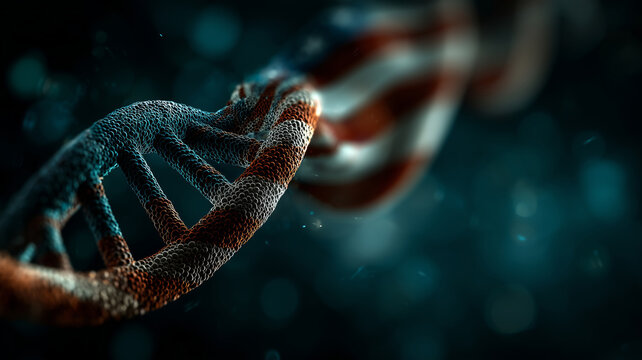 American flag intertwines with abstract DNA helix in dynamic transformation - Powered by Adobe