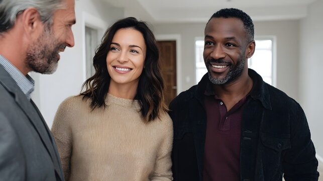 A smiling couple meets with a real estate agent in a modern home