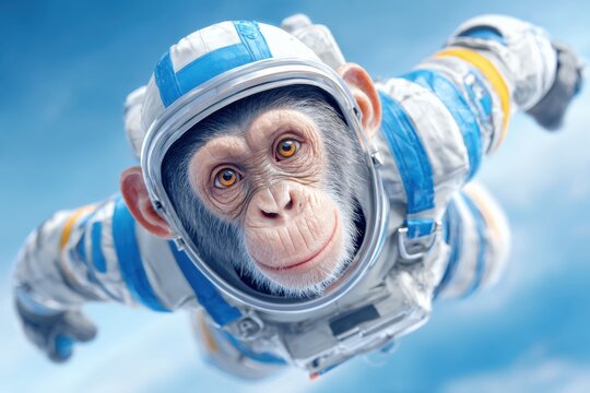Futuristic monkey in a space suit, floating in a vibrant blue sky, showcasing a whimsical digital illustration with a playful and adventurous theme