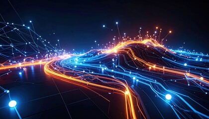 Fototapeta premium Abstract technology network with glowing lines and connected dots on dark surface