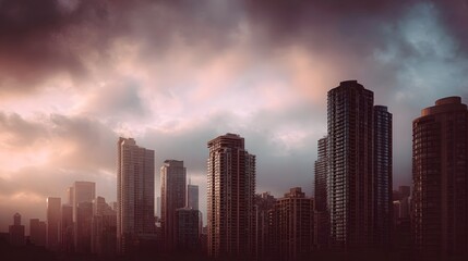 A dramatic warm toned cityscape featuring a dense cluster of urban skyscrapers under a moody cloudy sky