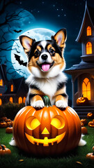 Adorable corgi puppy celebrates spooky Halloween sitting on glowing jack-o'-lantern with bats flying under a full moon over haunted house