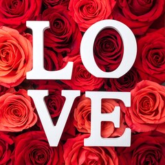 LOVE" spelled out on a vibrant bed of blooming red roses