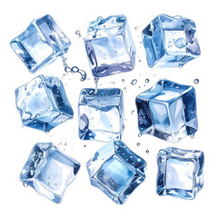 Obraz premium Watercolor depiction of nine translucent ice cubes, droplets, on a black background