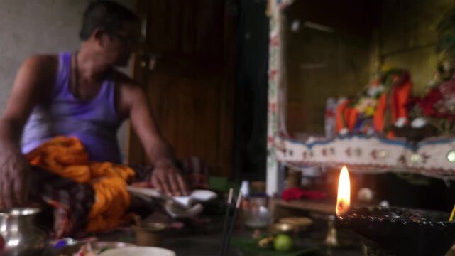 Occasion of Mahashivratri, Indian people perform sacred havan and puja rituals with ghee and holy fire, worshipping Lord Shiva and Shivling in a serene morning Vedic ceremony. Focused on foreground