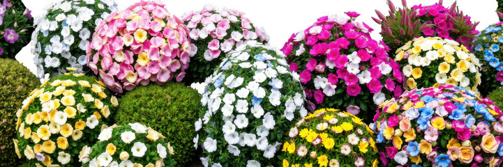 A vibrant assortment of colorful blooming flowers arranged in a dense cluster isolated on white background