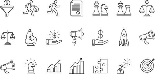Business icon set, finance symbols, strategy visuals, CAD drawing, vector illustration, dollar sign, chess piece, funnel, growth chart, megaphone