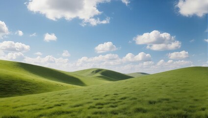 Obraz premium Rolling green hills under a vibrant blue sky dotted with puffy white clouds, a serene landscape